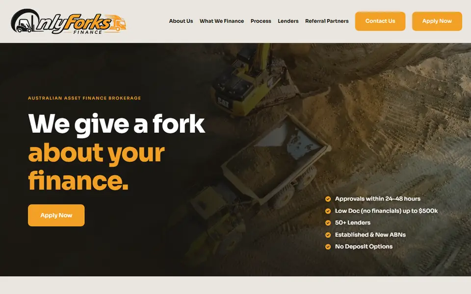 The OnlyForks Finance home page: an excavator and dump truck behind the heading 'We give a fork about your finance' and an Apply Now button.